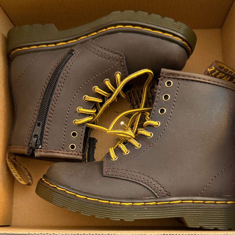 Dr. Martens Kids Brown Boots with Yellow Accents